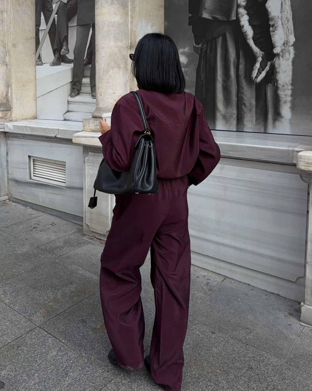 Burgundy High-Neck Zip-Up Jacket & Wide-Leg Pants Matching Set