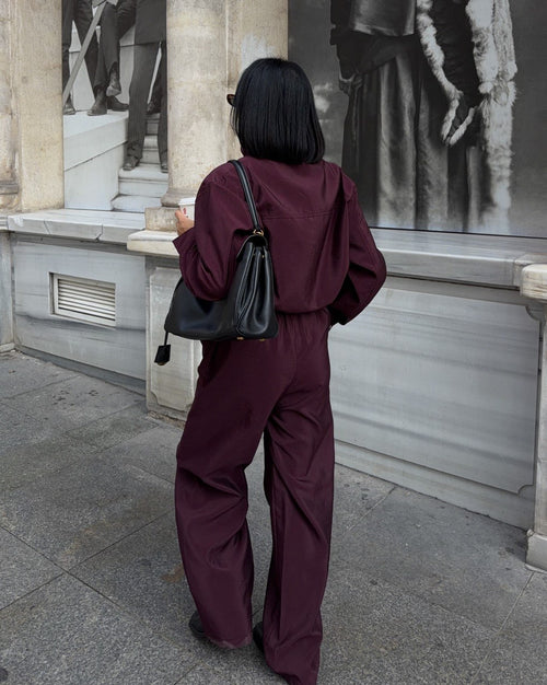 Burgundy High-Neck Zip-Up Jacket & Wide-Leg Pants Matching Set
