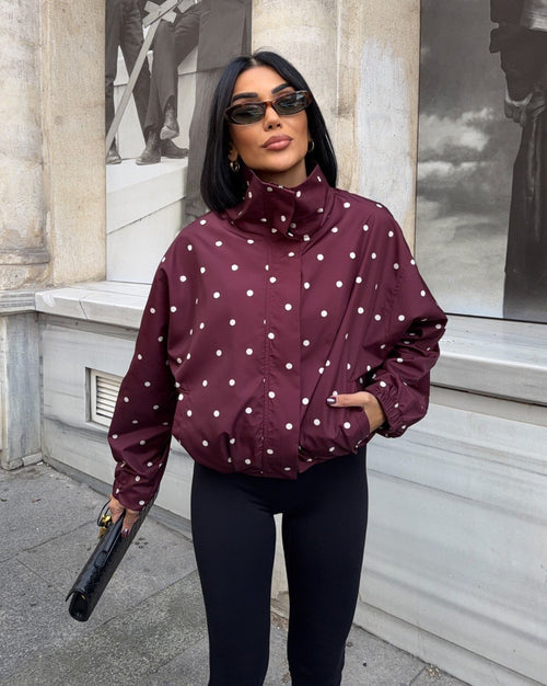 Burgundy Polka Dot Oversized High-Neck Bomber Jacket
