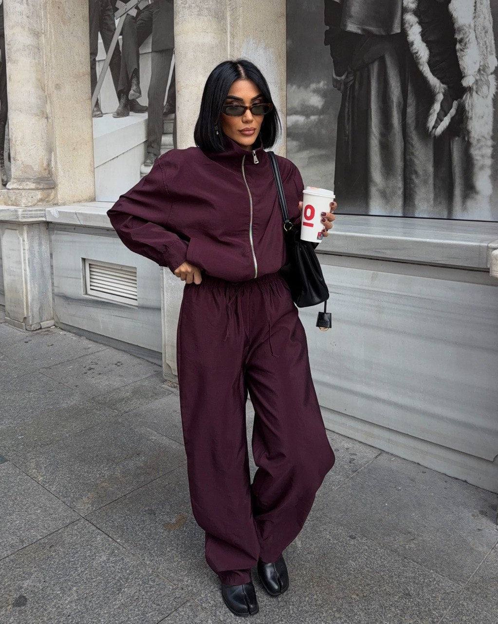 Burgundy High-Neck Zip-Up Jacket & Wide-Leg Pants Matching Set