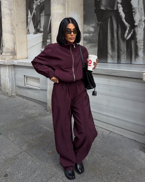 Burgundy High-Neck Zip-Up Jacket & Wide-Leg Pants Matching Set