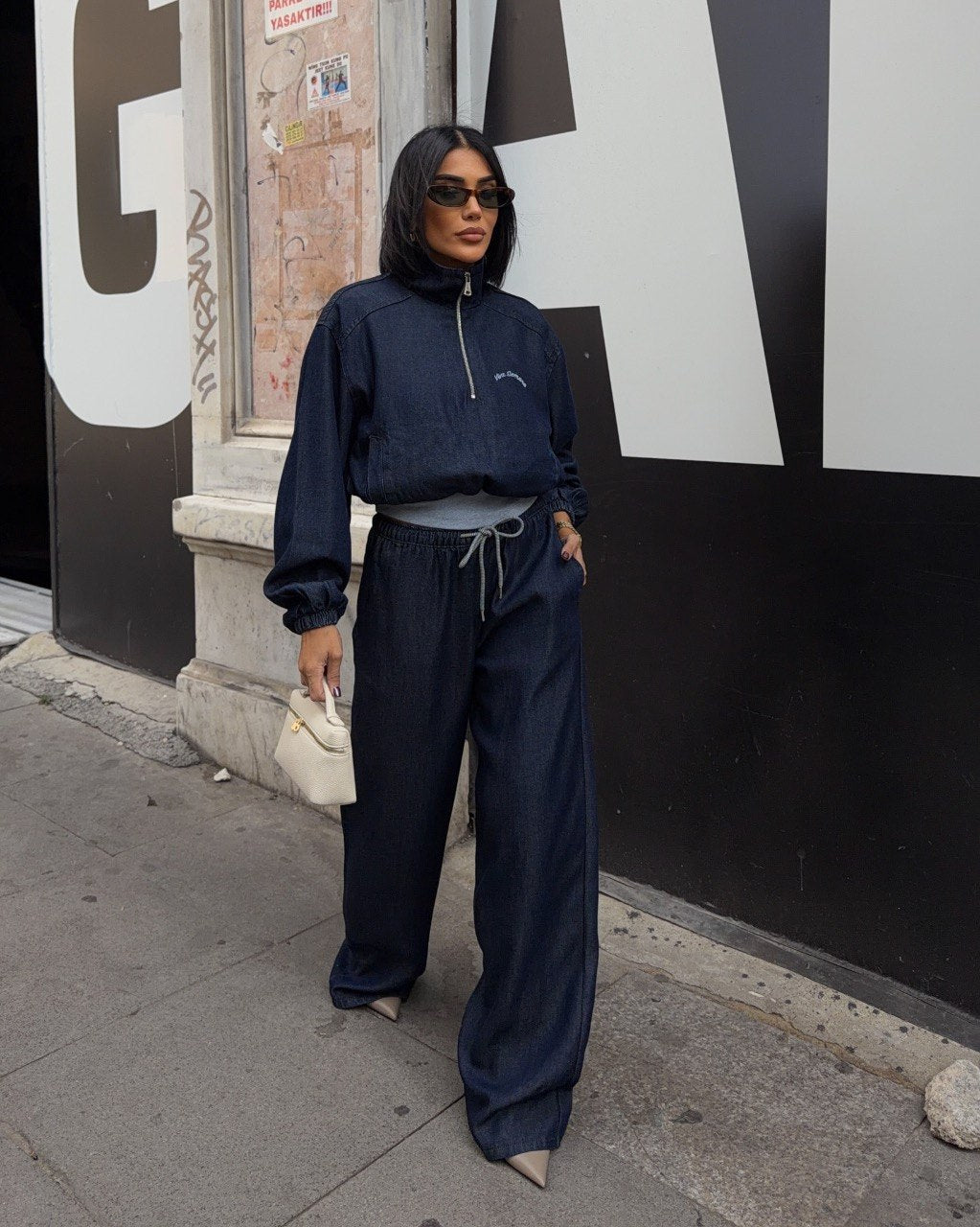 Dark Indigo Denim Half-Zip Sweatshirt & Wide-Leg Pants Matching Set