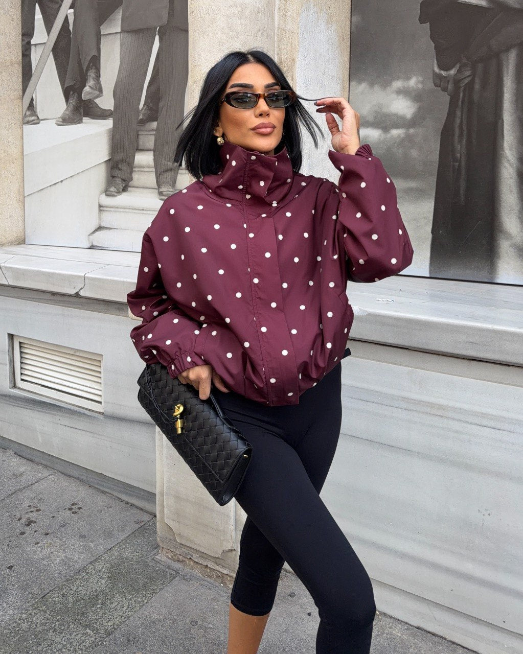 Burgundy Polka Dot Oversized High-Neck Bomber Jacket