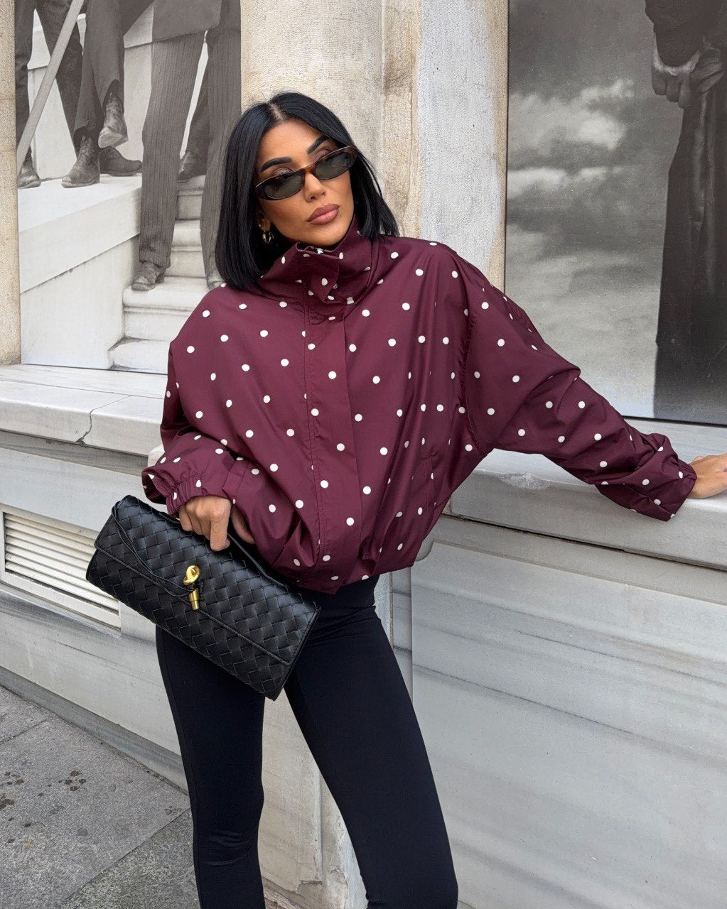 Burgundy Polka Dot Oversized High-Neck Bomber Jacket