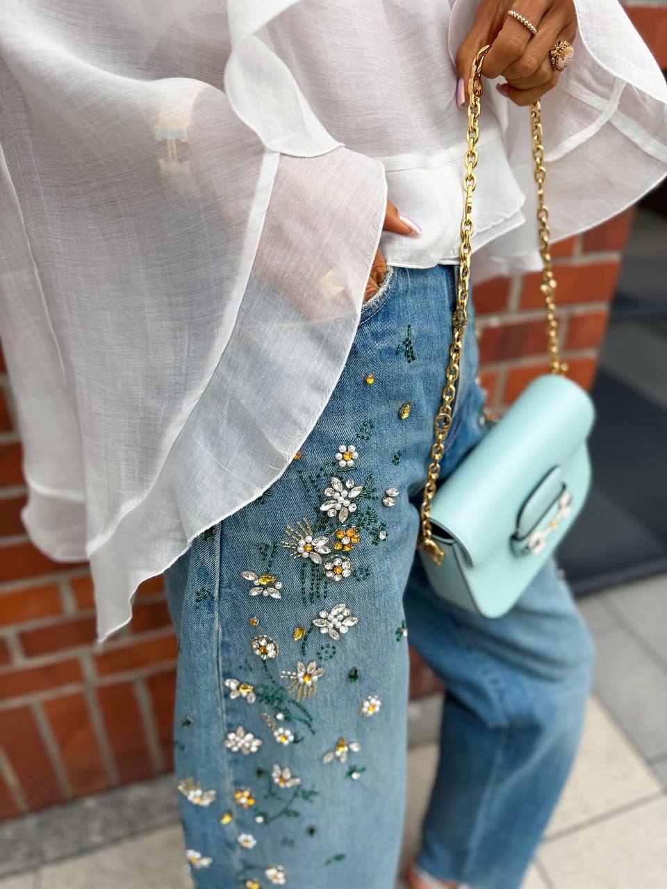 Light Blue Floral Embellished Jeans with Crystal Details