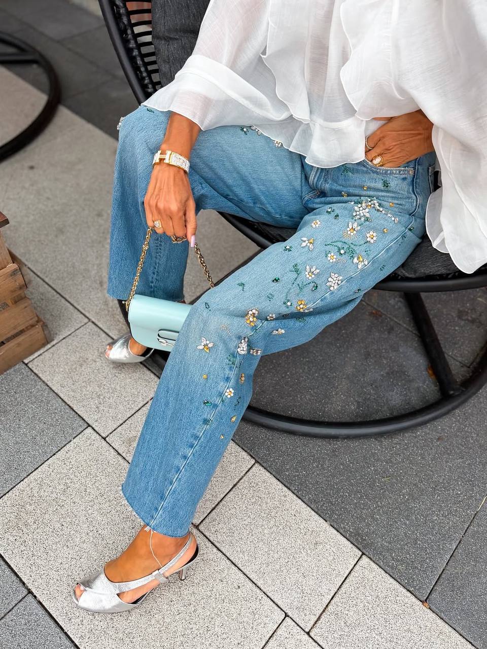 Light Blue Floral Embellished Jeans with Crystal Details