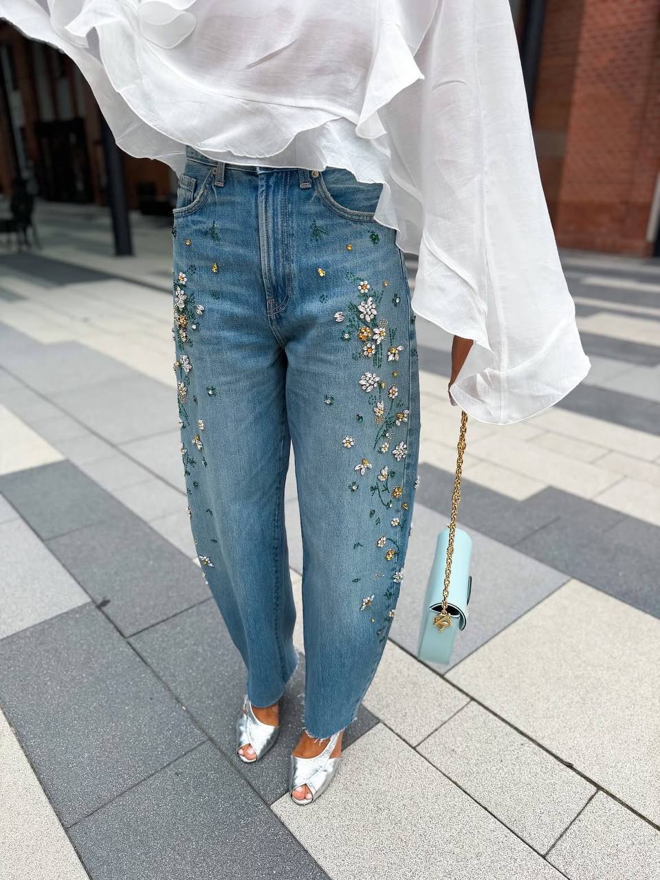 Light Blue Floral Embellished Jeans with Crystal Details