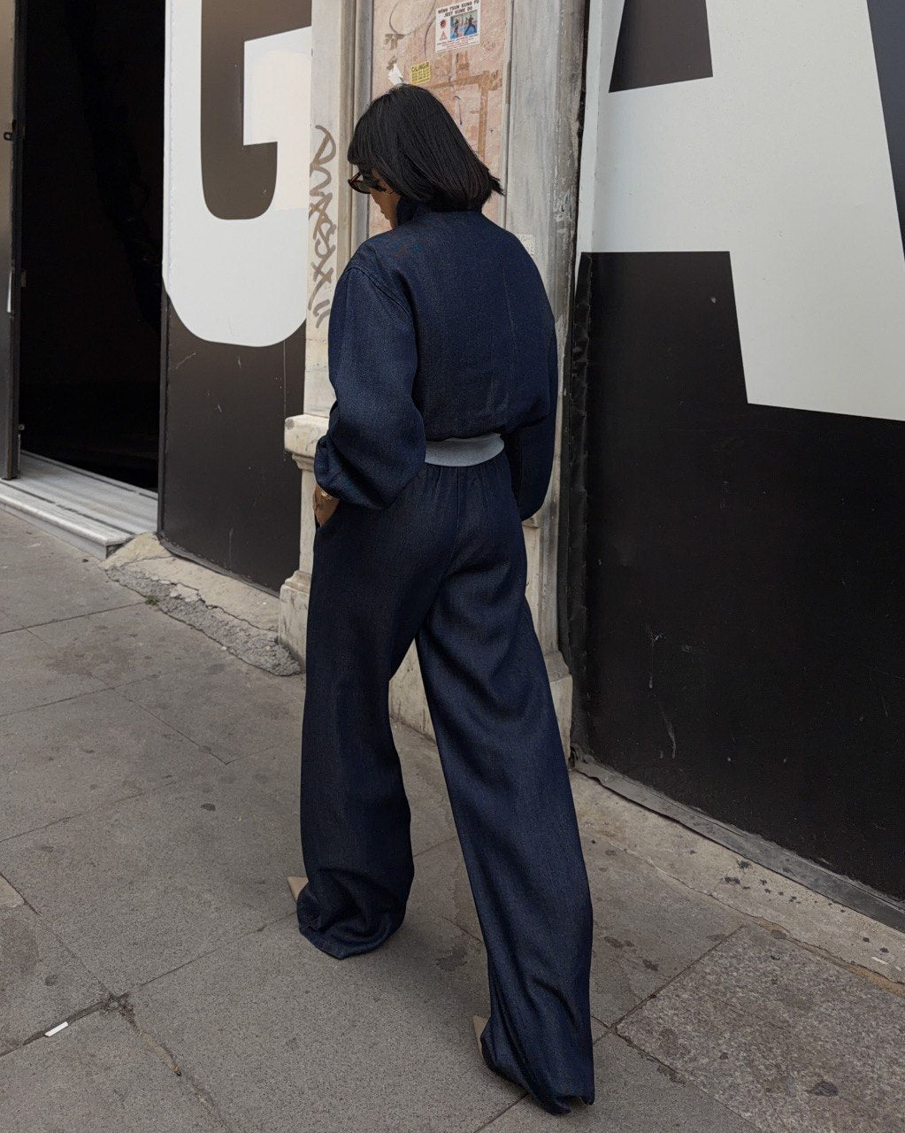 Dark Indigo Denim Half-Zip Sweatshirt & Wide-Leg Pants Matching Set