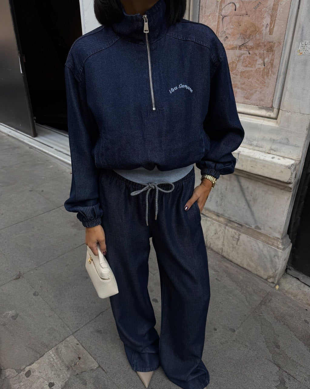 Dark Indigo Denim Half-Zip Sweatshirt & Wide-Leg Pants Matching Set