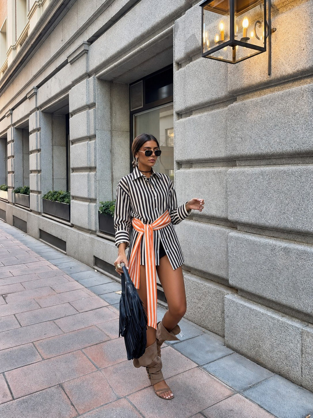Black & White Striped Oversized Shirt Dress with Orange Contrast Tie