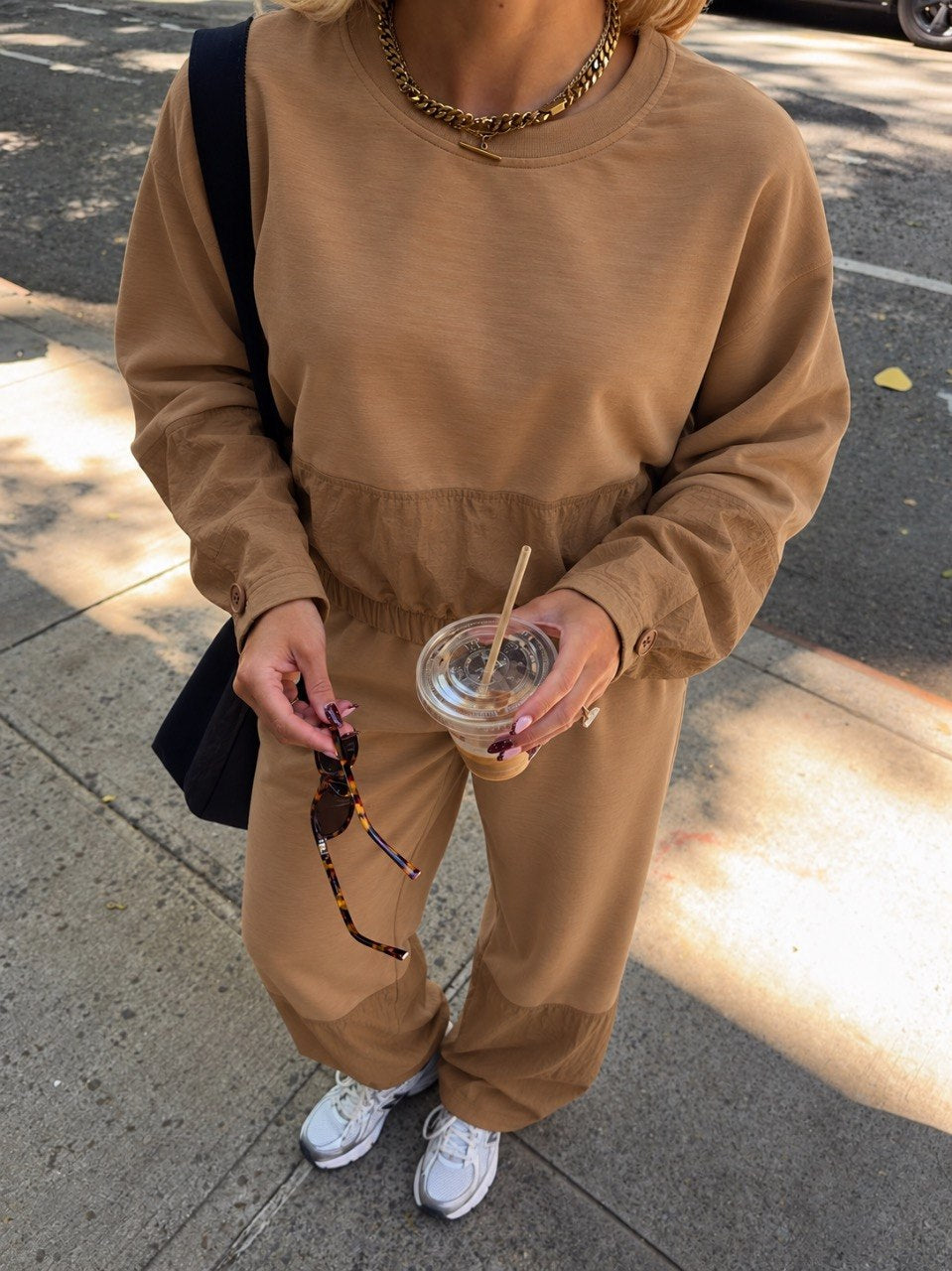 Camel Brown Oversized Sweatshirt & Wide-Leg Sweatpants Matching Set
